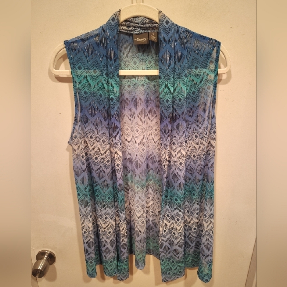 Chico's Travelers Multicolor Diamond Print Mesh Open Front Vest Sz 1 (M) Boho